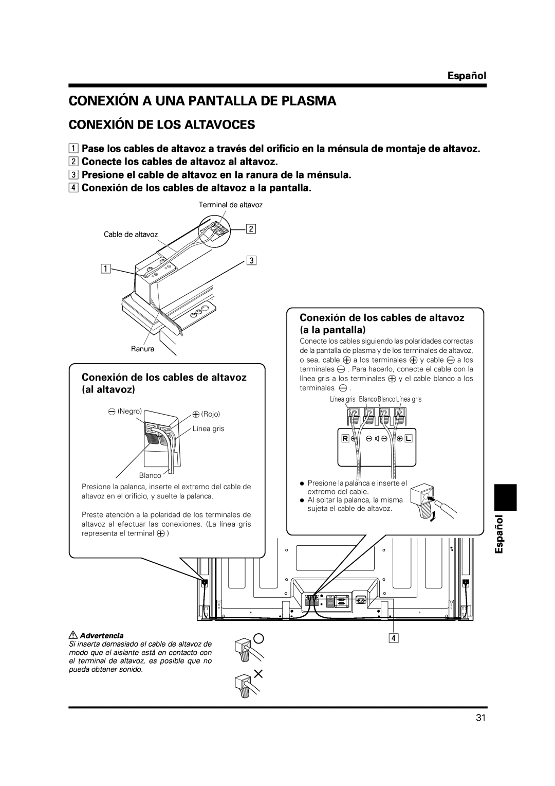 Pioneer PDP-S37 Conexión A Una Pantalla De Plasma, Conexión De Los Altavoces, Español, Advertencia, pueda obtener sonido 