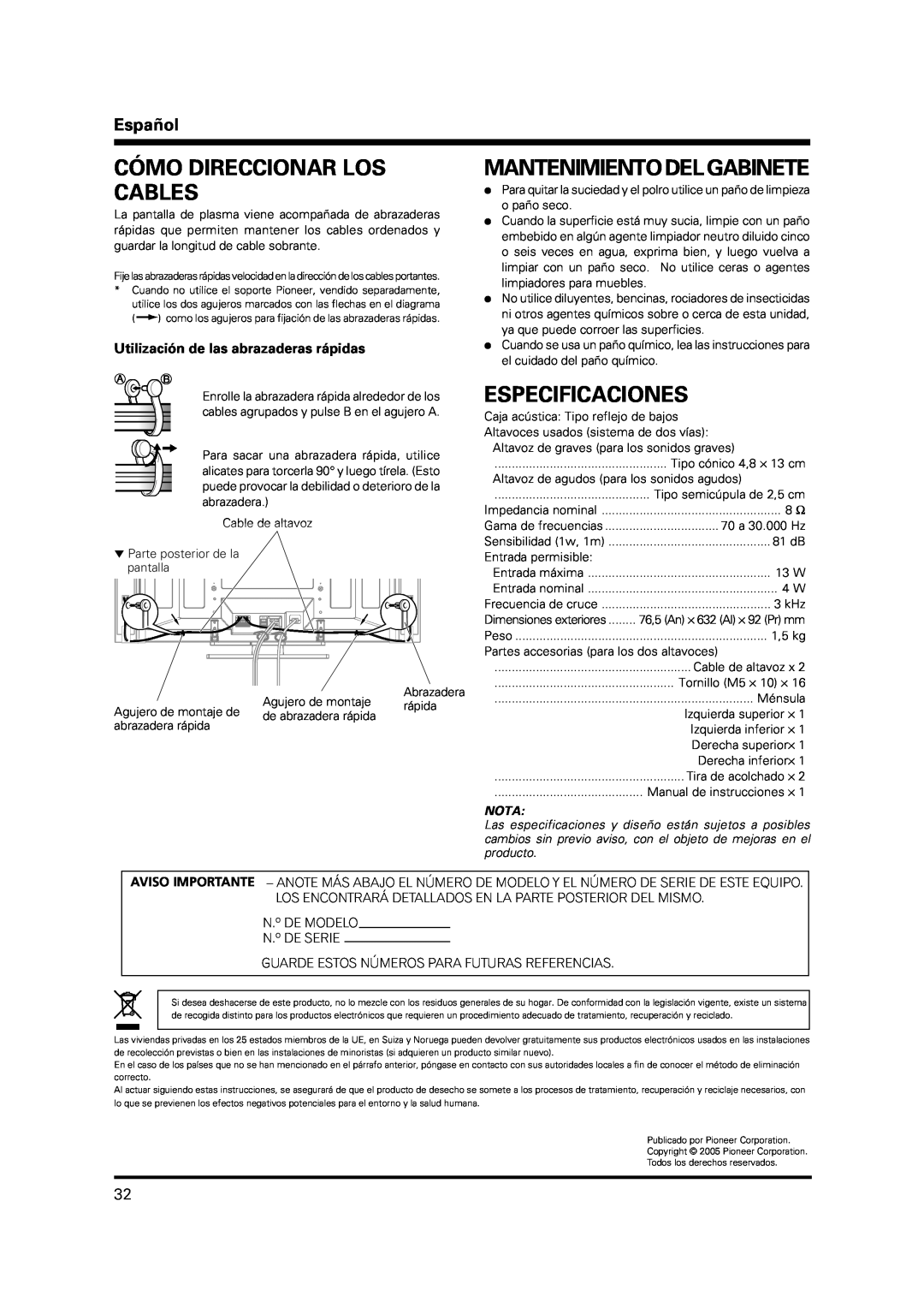 Pioneer PDP-S37 manual Cómo Direccionar Los Cables, Mantenimiento Del Gabinete, Especificaciones, Español, Nota 