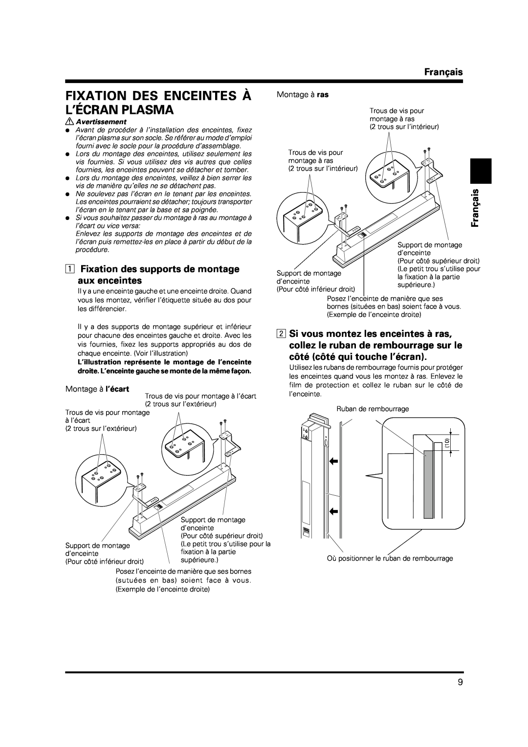 Pioneer PDP-S37 manual Fixation Des Enceintes À L’Écran Plasma, Français, 1Fixation des supports de montage aux enceintes 