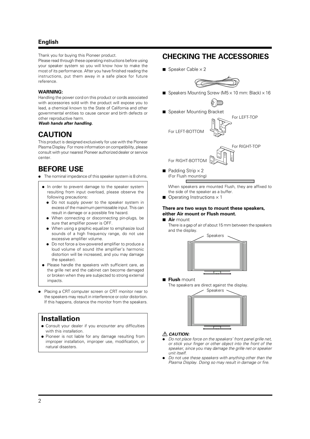 Pioneer PDP-S38 manual Before USE, Checking the Accessories, English, Flush mount 