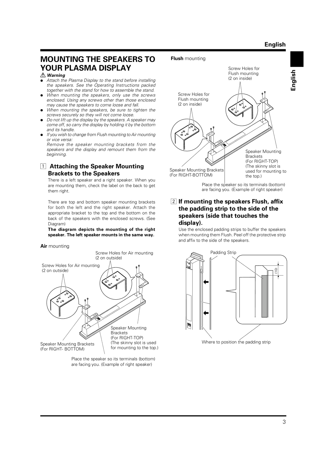 Pioneer PDP-S38 manual Mounting the Speakers to, Your Plasma Display, Flush mounting, Air mounting 