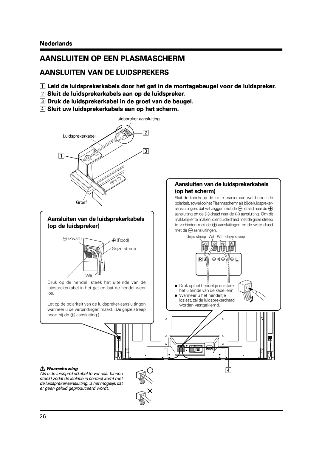 Pioneer PDP-S38 manual Aansluiten Op Een Plasmascherm, Aansluiten Van De Luidsprekers, Nederlands, Waarschuwing, Rood 