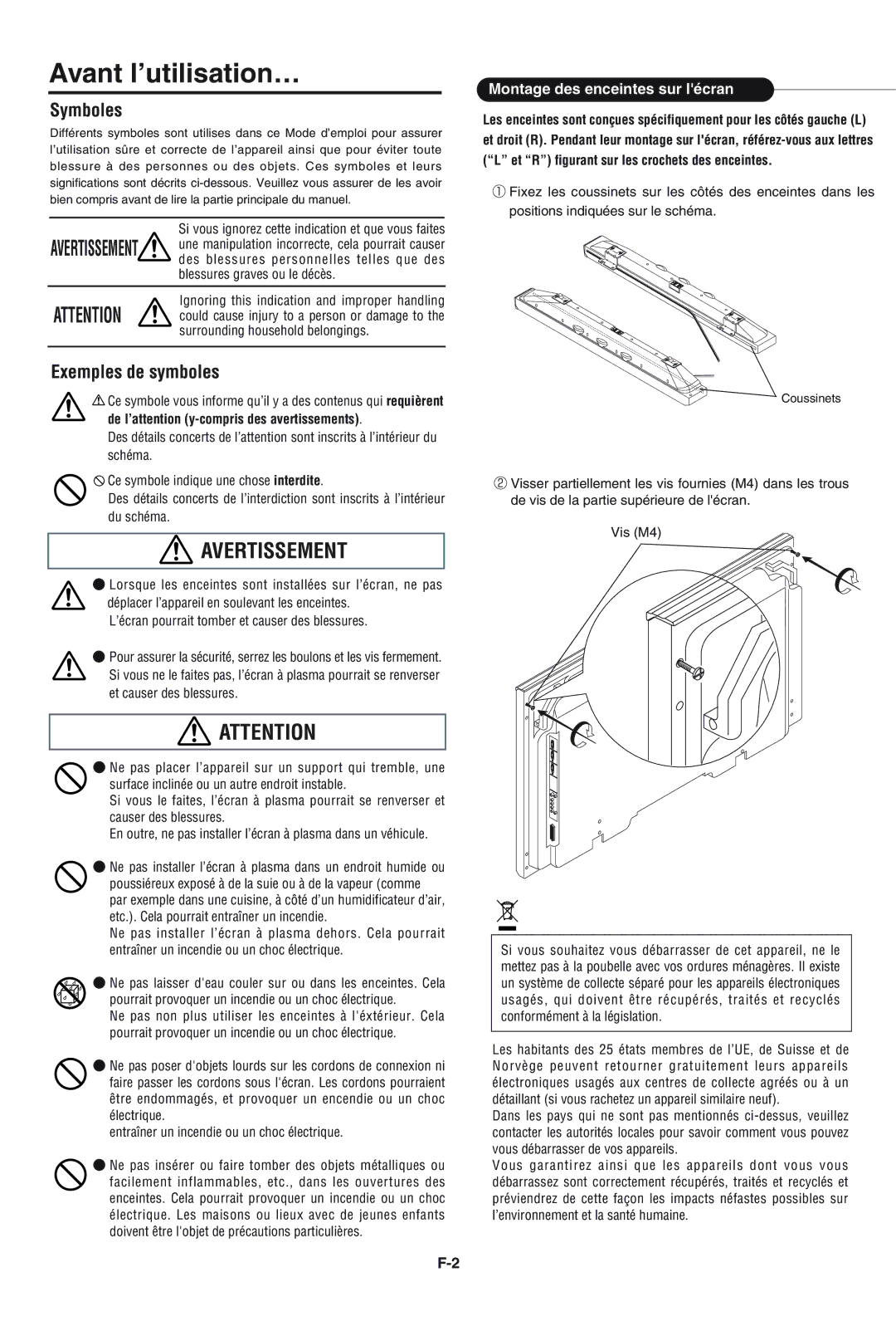 Pioneer PDP-S43-LR Avant l’utilisation…, Avertissement, Symboles, Exemples de symboles, Montage des enceintes sur lécran 