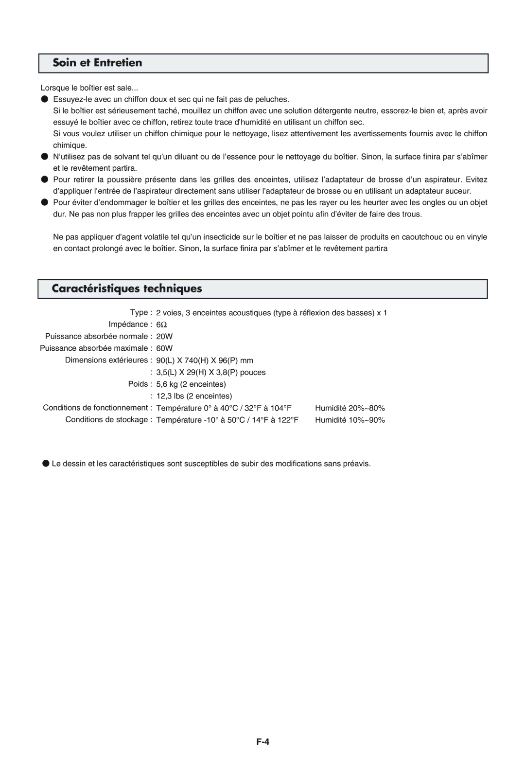 Pioneer PDP-S43-LR manual Soin et Entretien, Caractéristiques techniques 