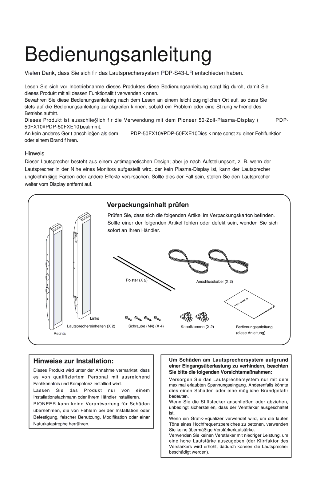 Pioneer PDP-S43-LR manual Bedienungsanleitung, Verpackungsinhalt prüfen, Hinweise zur Installation 