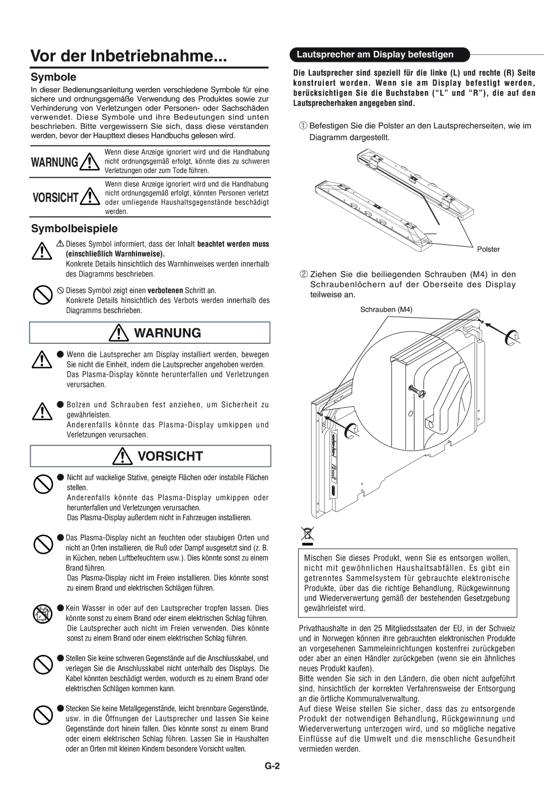 Pioneer PDP-S43-LR manual Vor der Inbetriebnahme, Vorsicht, Warnung, Symbole, Symbolbeispiele 