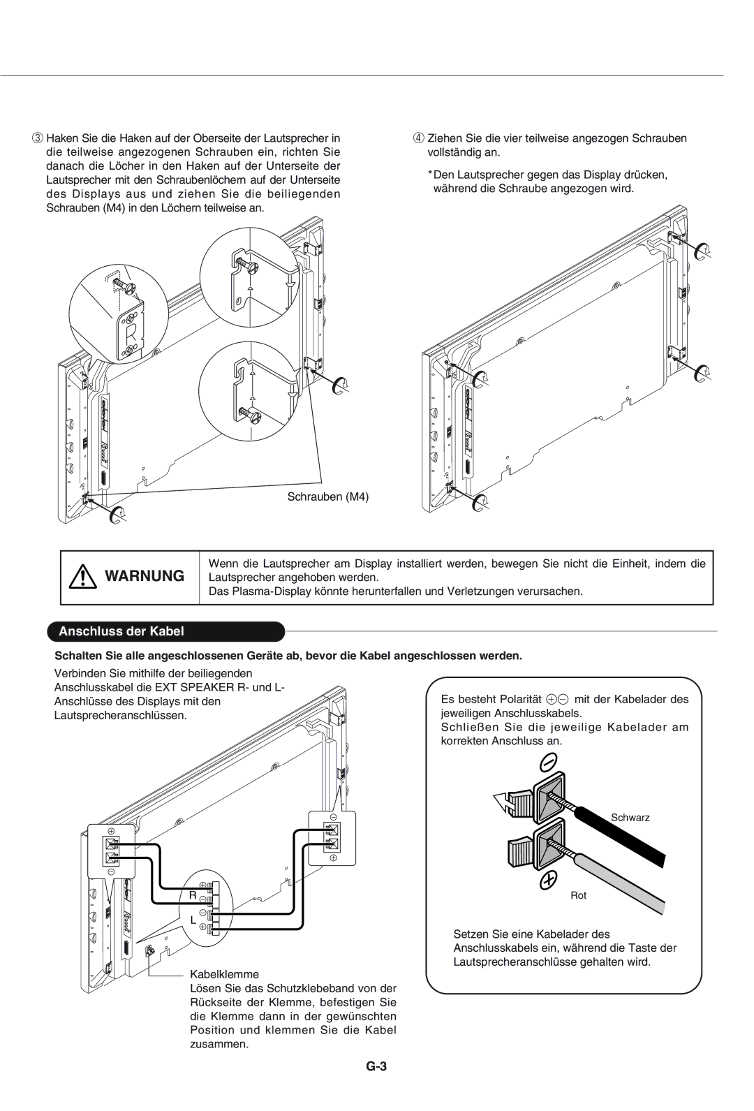 Pioneer PDP-S43-LR manual Warnung, Anschluss der Kabel 