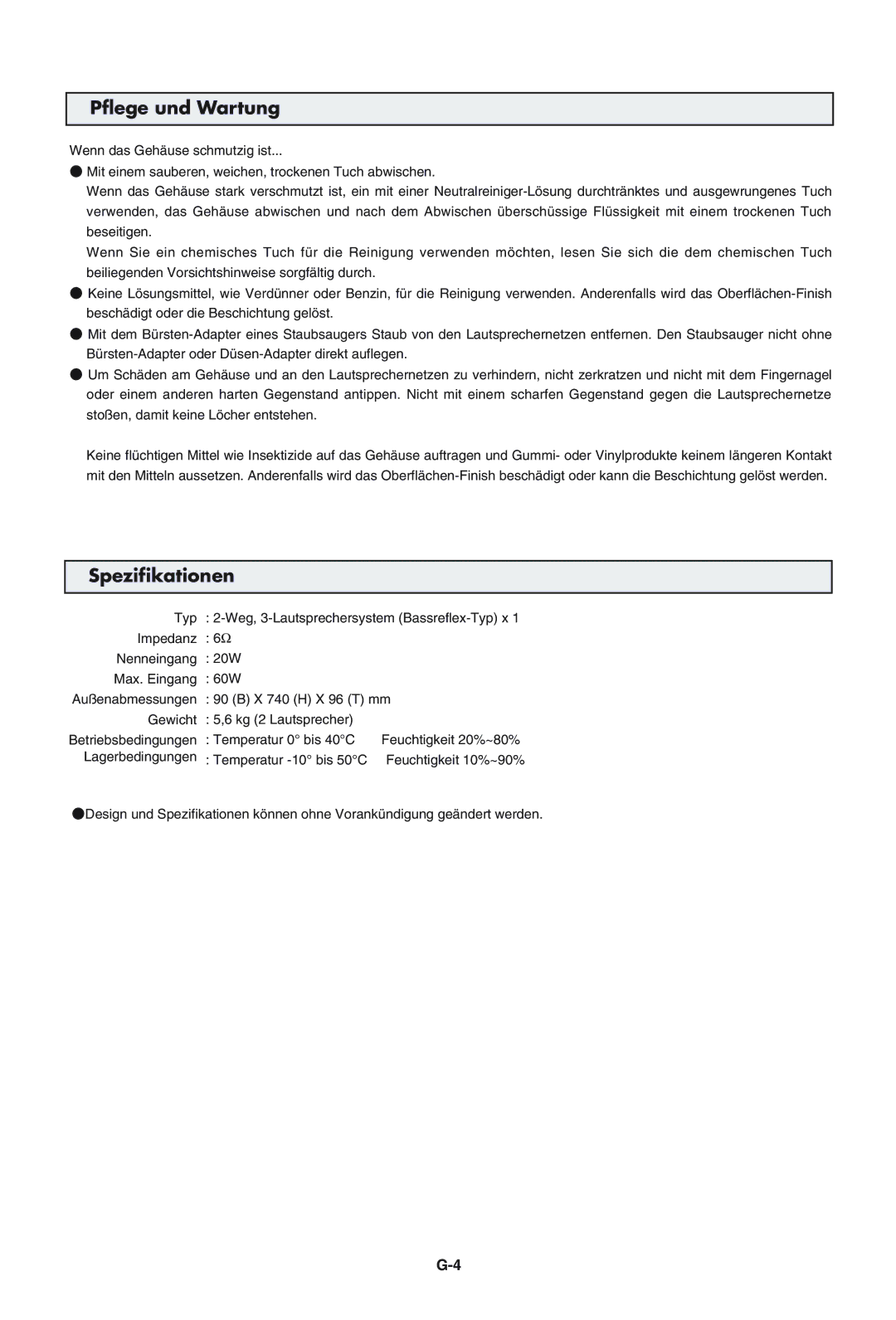 Pioneer PDP-S43-LR manual Pflege und Wartung, Spezifikationen 