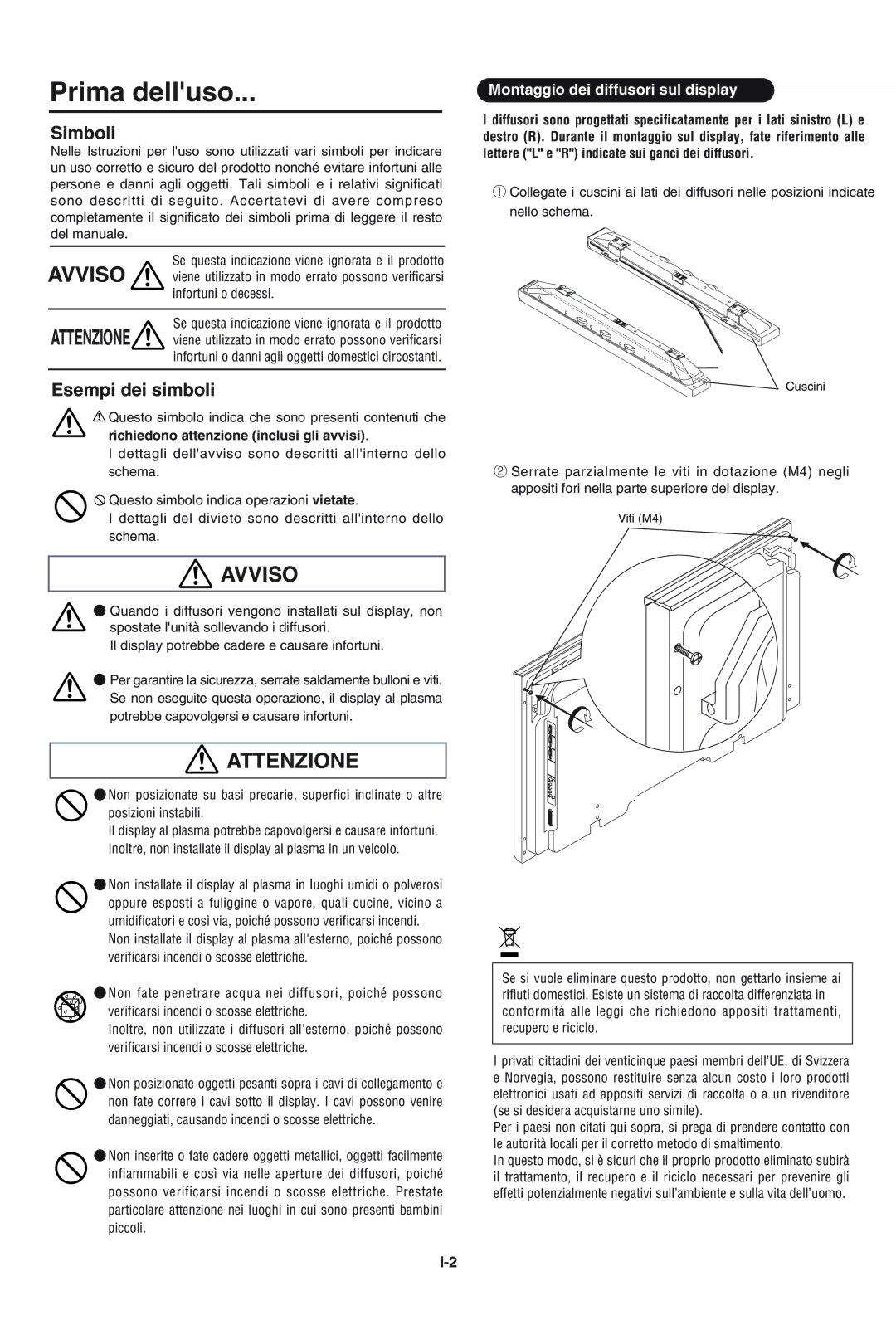 Pioneer PDP-S43-LR manual Prima delluso, Avviso, Attenzione, Simboli, Esempi dei simboli 