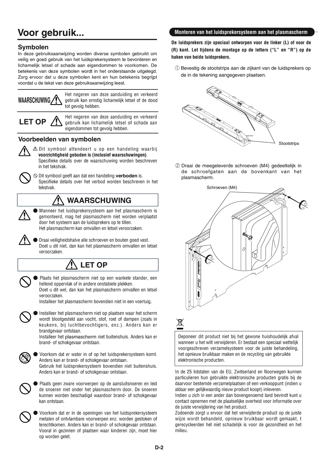 Pioneer PDP-S43-LR manual Voor gebruik, Waarschuwing, Let Op, Symbolen, Voorbeelden van symbolen 