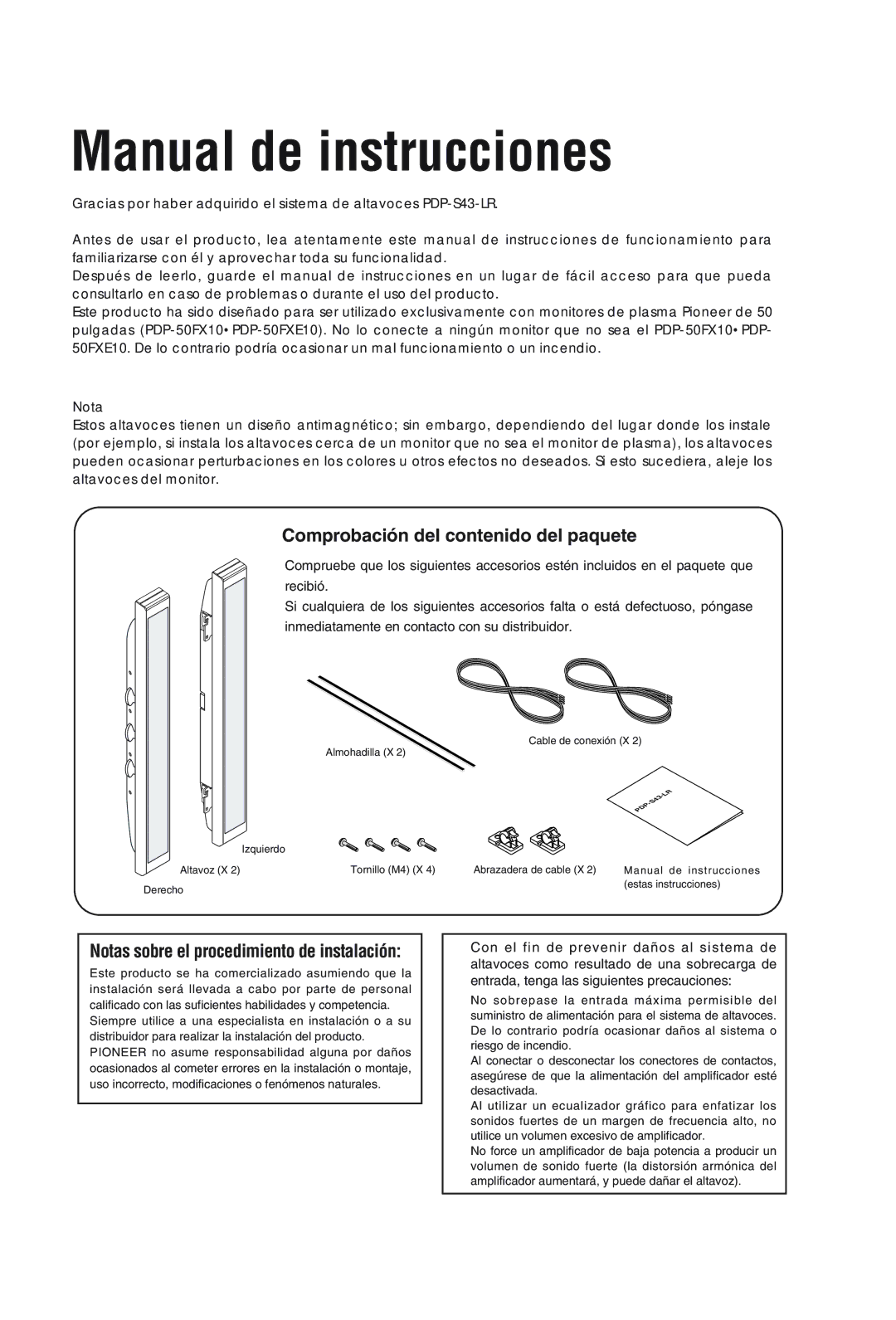 Pioneer PDP-S43-LR manual Manual de instrucciones, Comprobación del contenido del paquete 