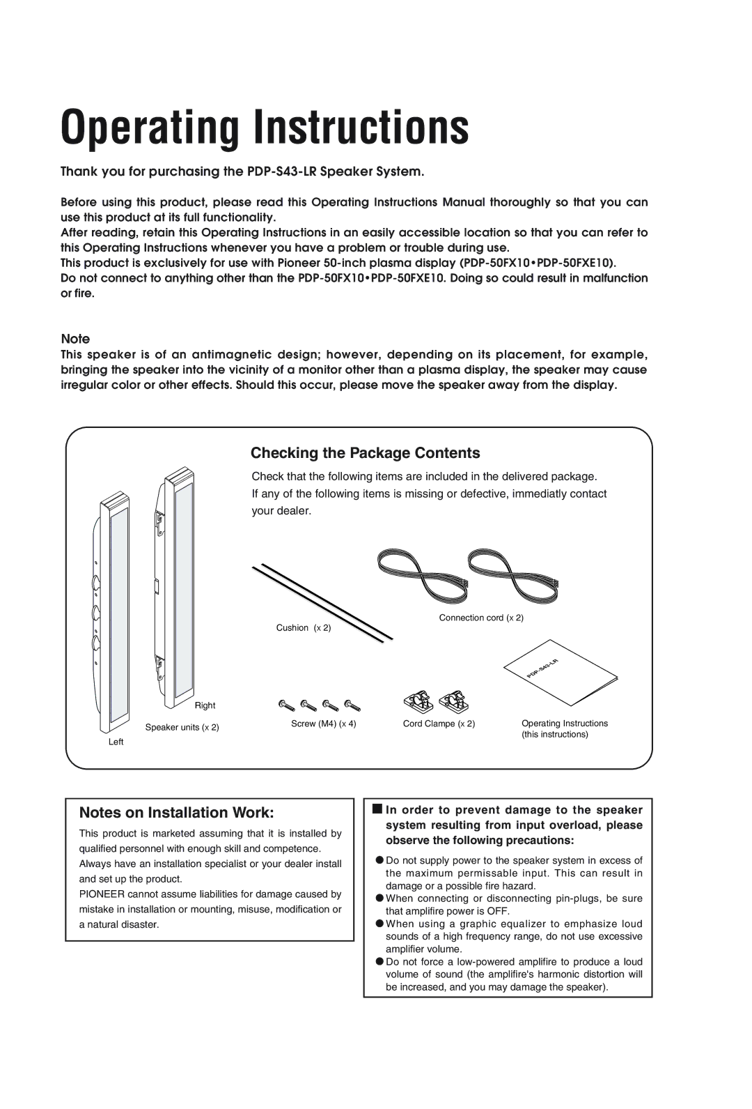 Pioneer PDP-S43-LR manual Operating Instructions, Checking the Package Contents 