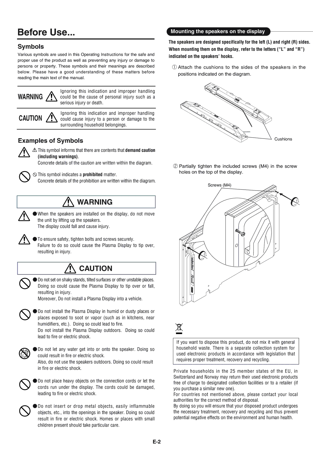 Pioneer PDP-S43-LR manual Before Use, Examples of Symbols, Mounting the speakers on the display 