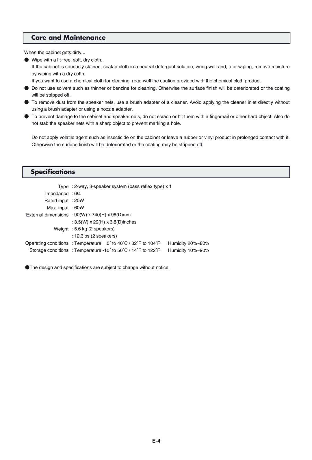 Pioneer PDP-S43-LR manual Care and Maintenance, Specifications 