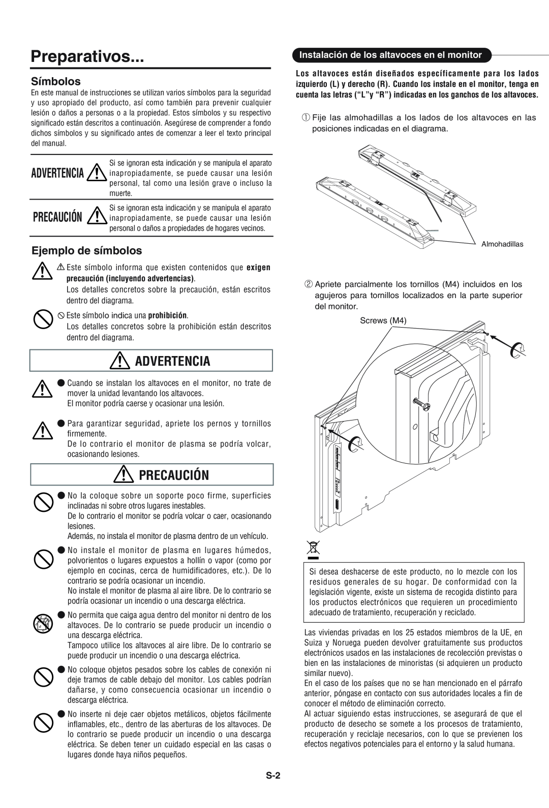 Pioneer PDP-S43-LR manual Preparativos, Advertencia, Precaución, Símbolos, Ejemplo de símbolos 