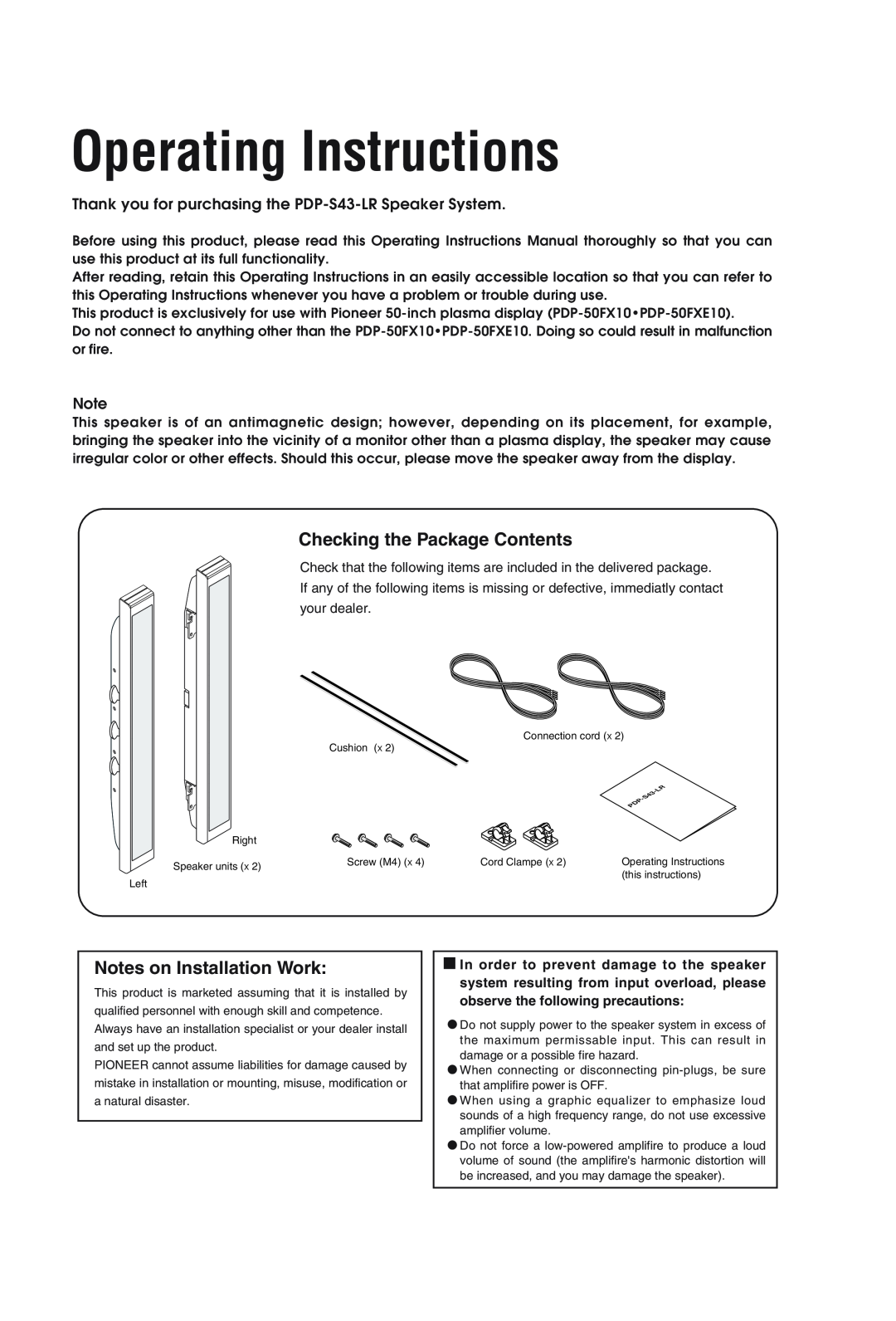 Pioneer PDP-S43-LR manual Operating Instructions, Checking the Package Contents, Notes on Installation Work 