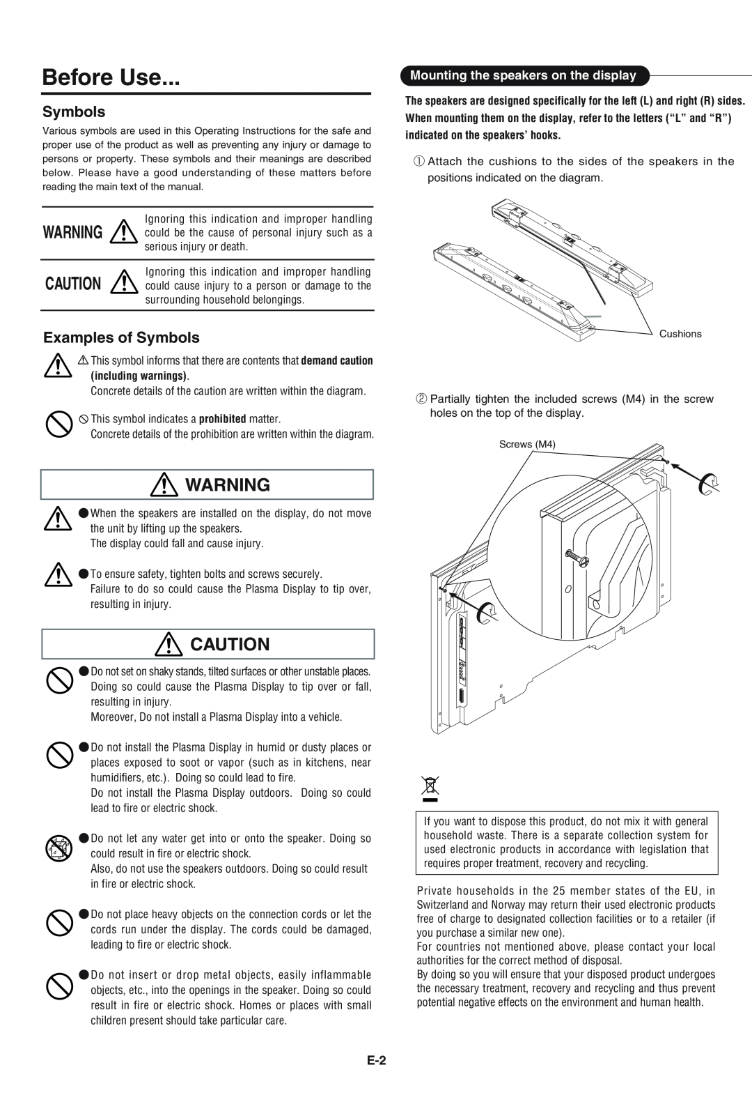 Pioneer PDP-S43-LR manual Before Use, Examples of Symbols, Mounting the speakers on the display, including warnings 