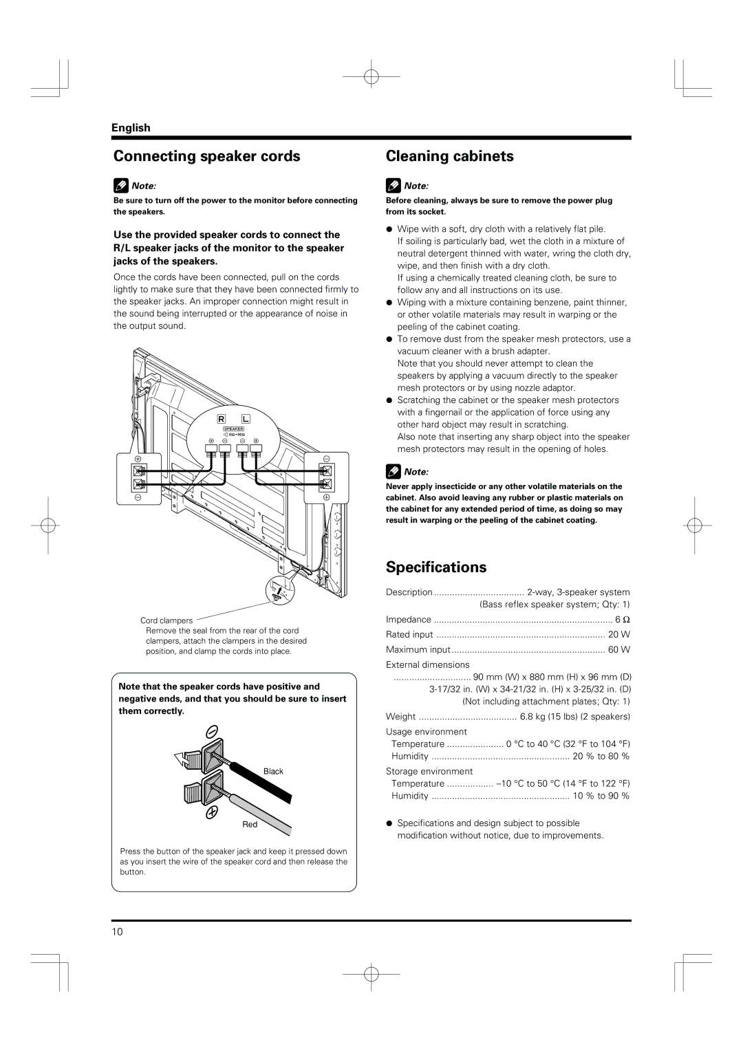 Pioneer PDP-S55-LR manual Connecting speaker cords, Cleaning cabinets, Specifications 