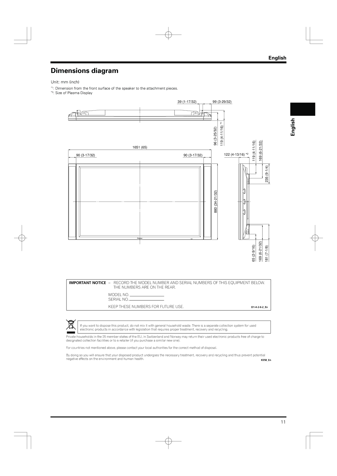 Pioneer PDP-S55-LR manual Dimensions diagram, Unit mm inch 