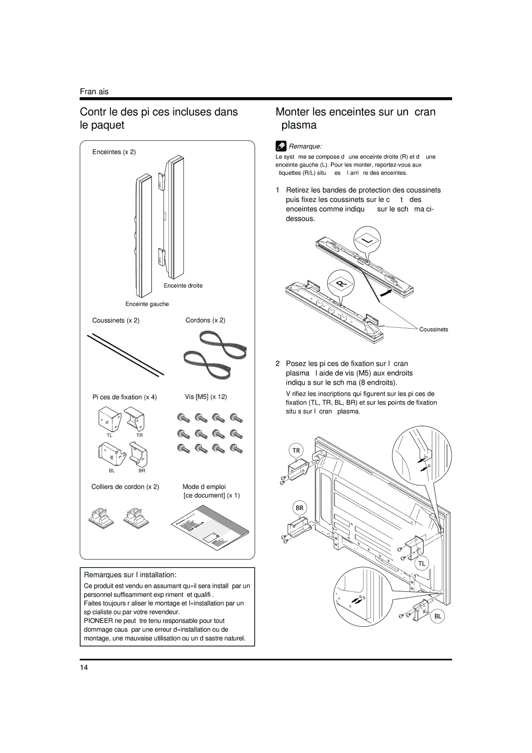 Pioneer PDP-S55-LR manual Contrôle des pièces incluses dans le paquet, Monter les enceintes sur un écran à plasma 