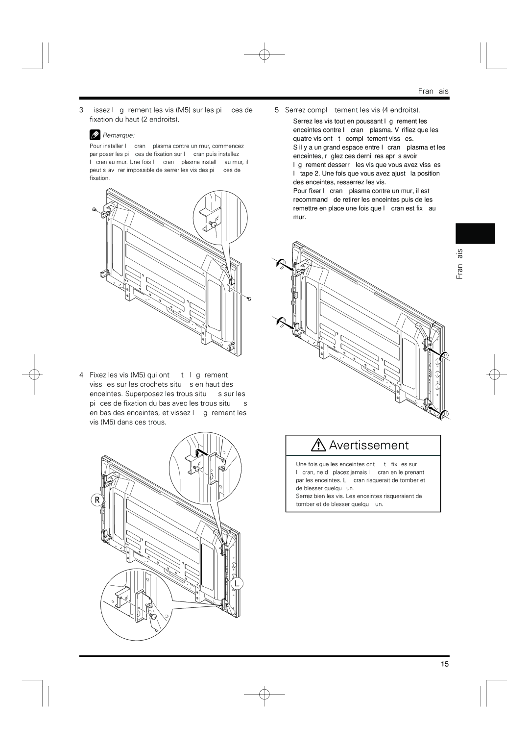 Pioneer PDP-S55-LR manual Avertissement, Serrez complètement les vis 4 endroits 