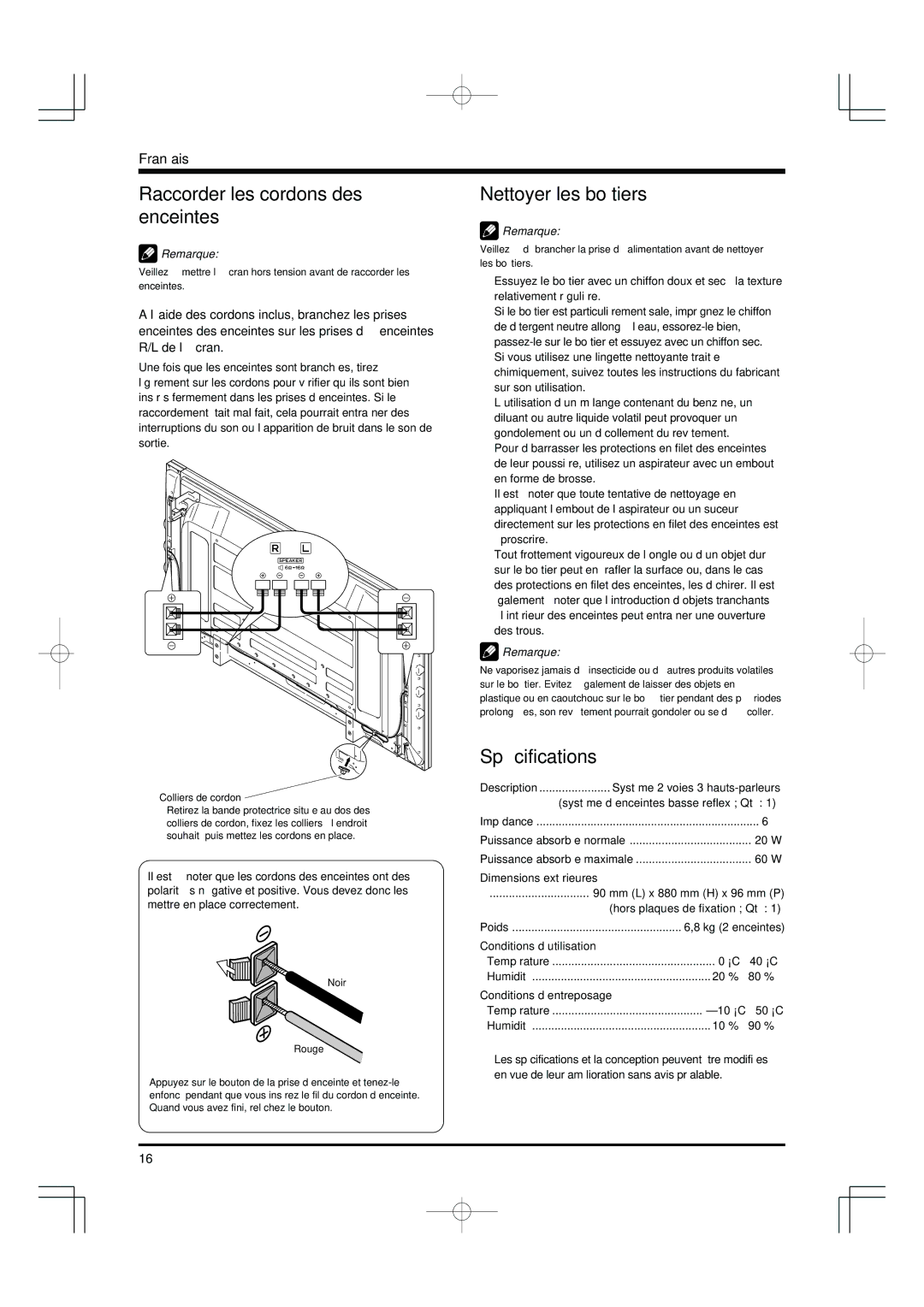 Pioneer PDP-S55-LR manual Raccorder les cordons des enceintes, Nettoyer les boîtiers, Spécifications 