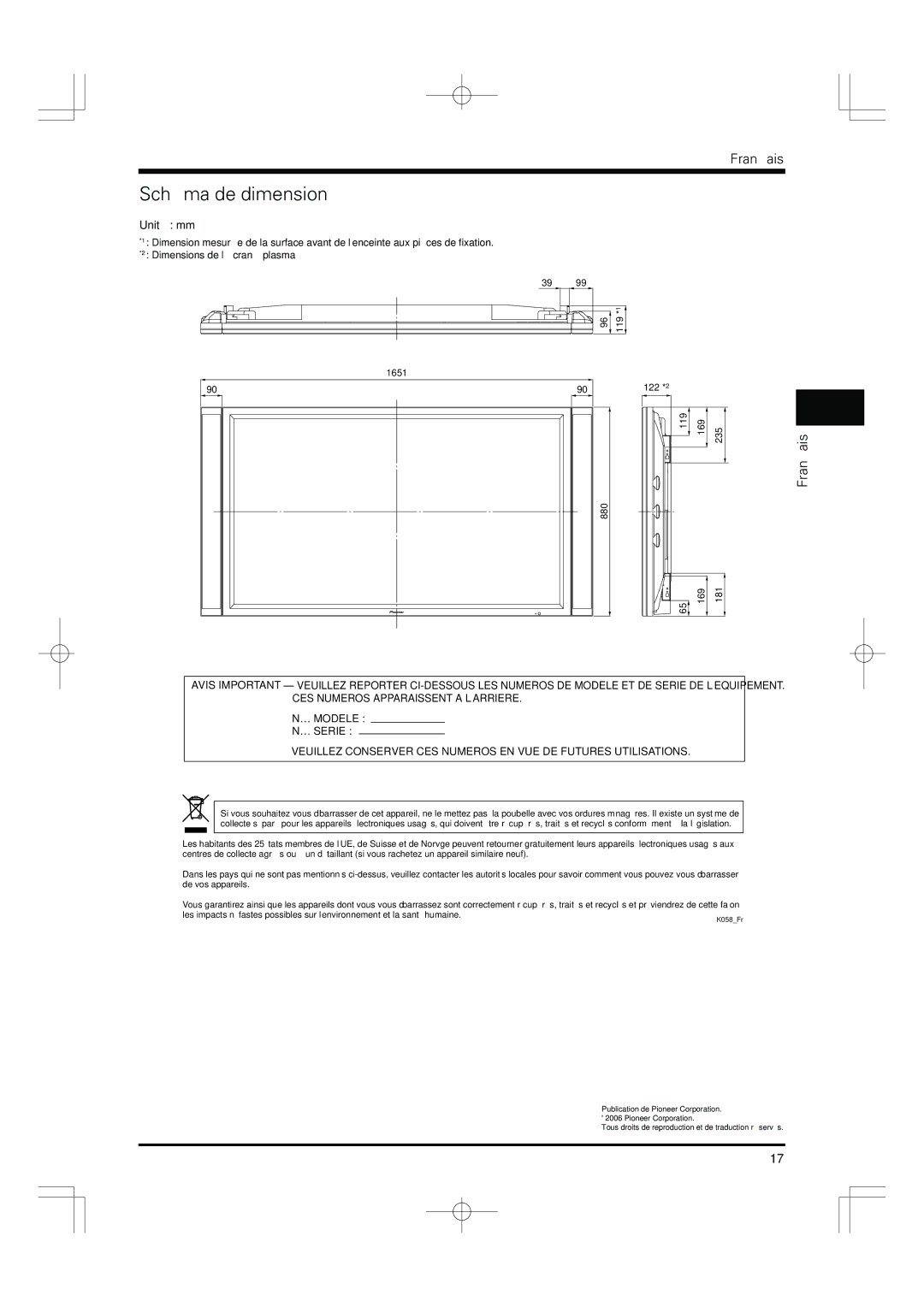 Pioneer PDP-S55-LR manual Schéma de dimension, Unité mm 