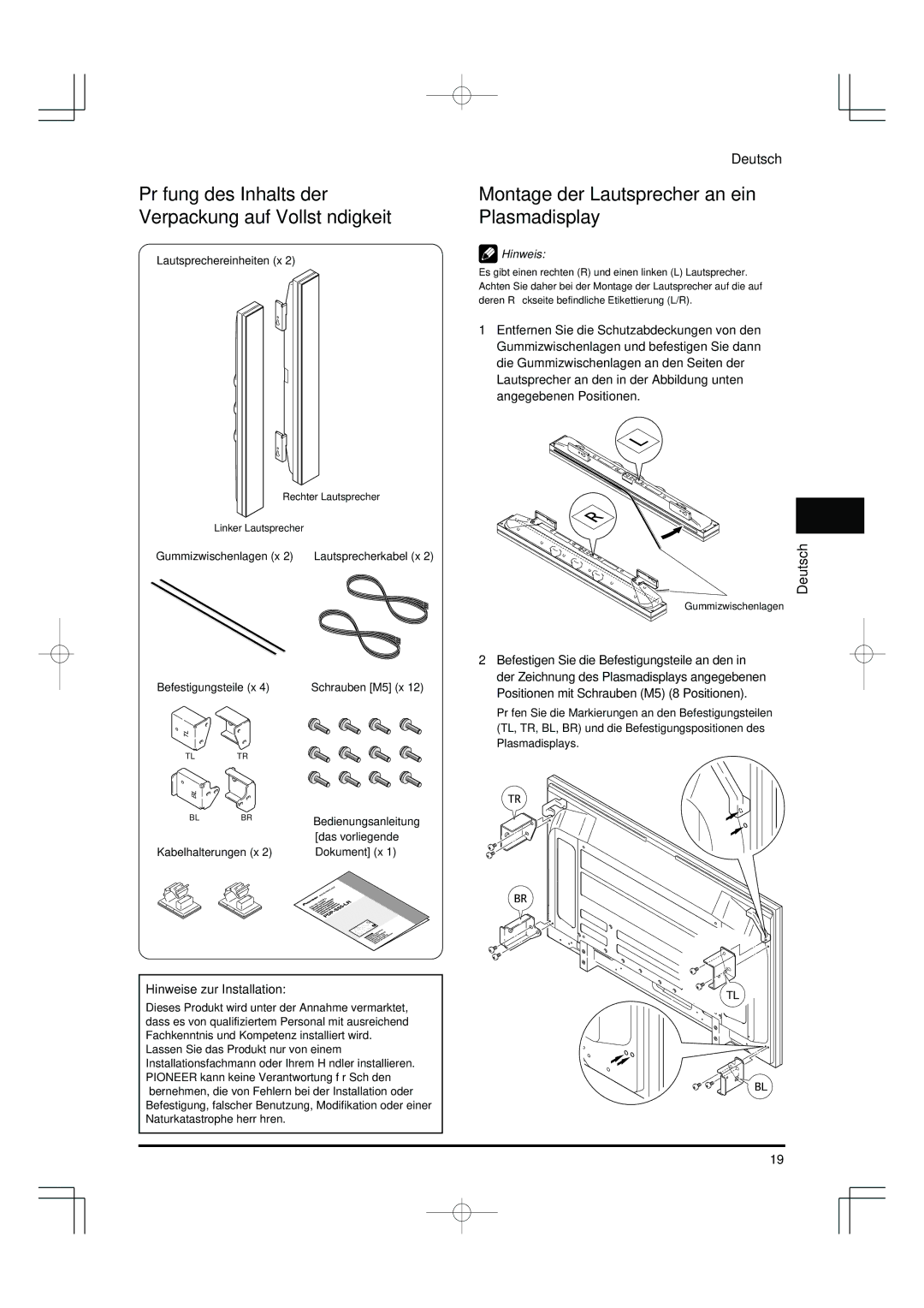 Pioneer PDP-S55-LR Prüfung des Inhalts der Verpackung auf Vollständigkeit, Montage der Lautsprecher an ein Plasmadisplay 