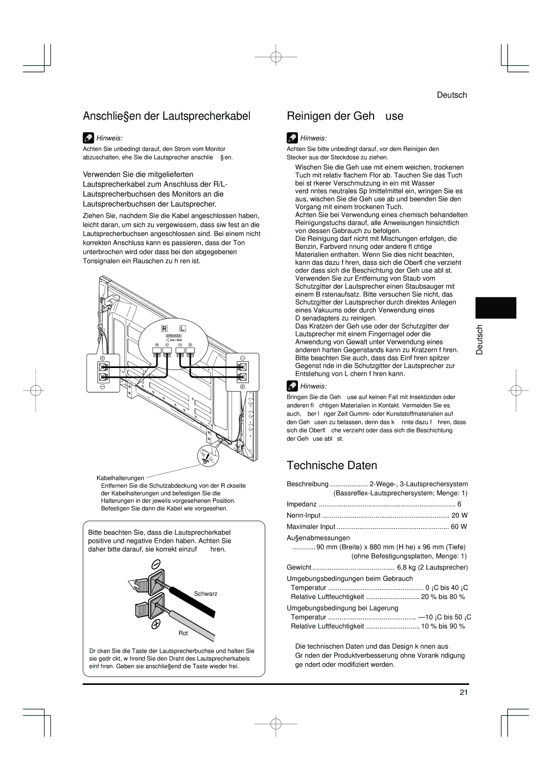 Pioneer PDP-S55-LR manual Anschließen der Lautsprecherkabel, Reinigen der Gehäuse, Technische Daten 