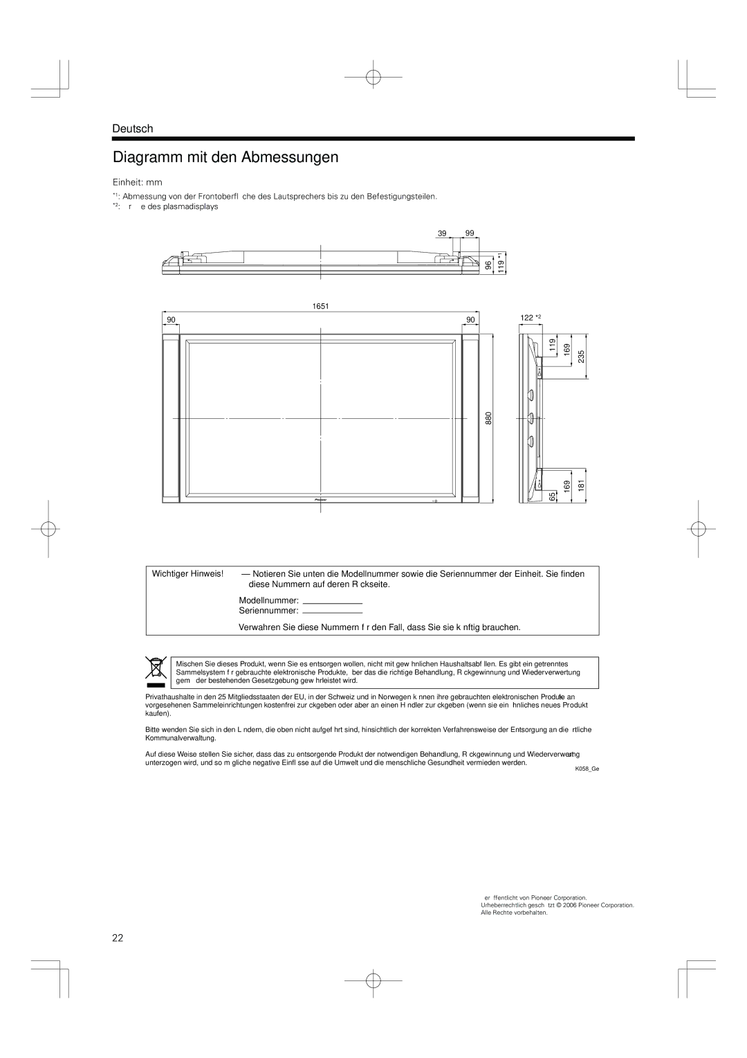 Pioneer PDP-S55-LR manual Diagramm mit den Abmessungen, Einheit mm 