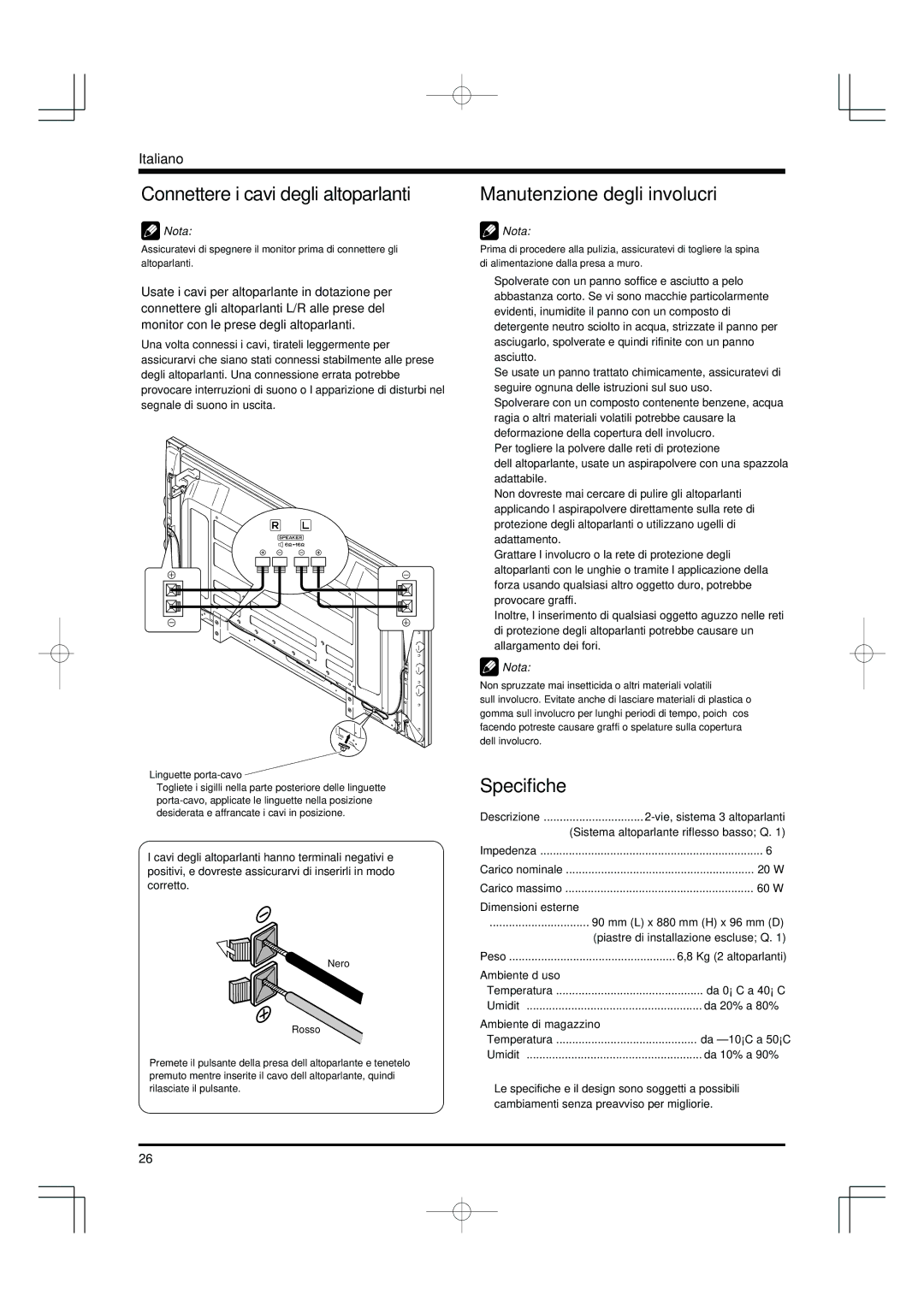 Pioneer PDP-S55-LR manual Connettere i cavi degli altoparlanti, Manutenzione degli involucri, Specifiche 