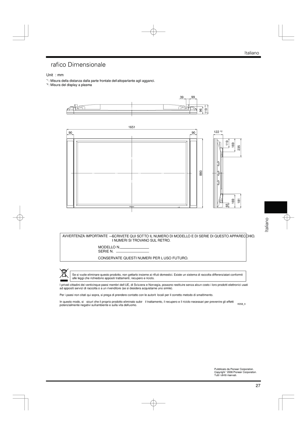 Pioneer PDP-S55-LR manual Grafico Dimensionale, Unità mm 