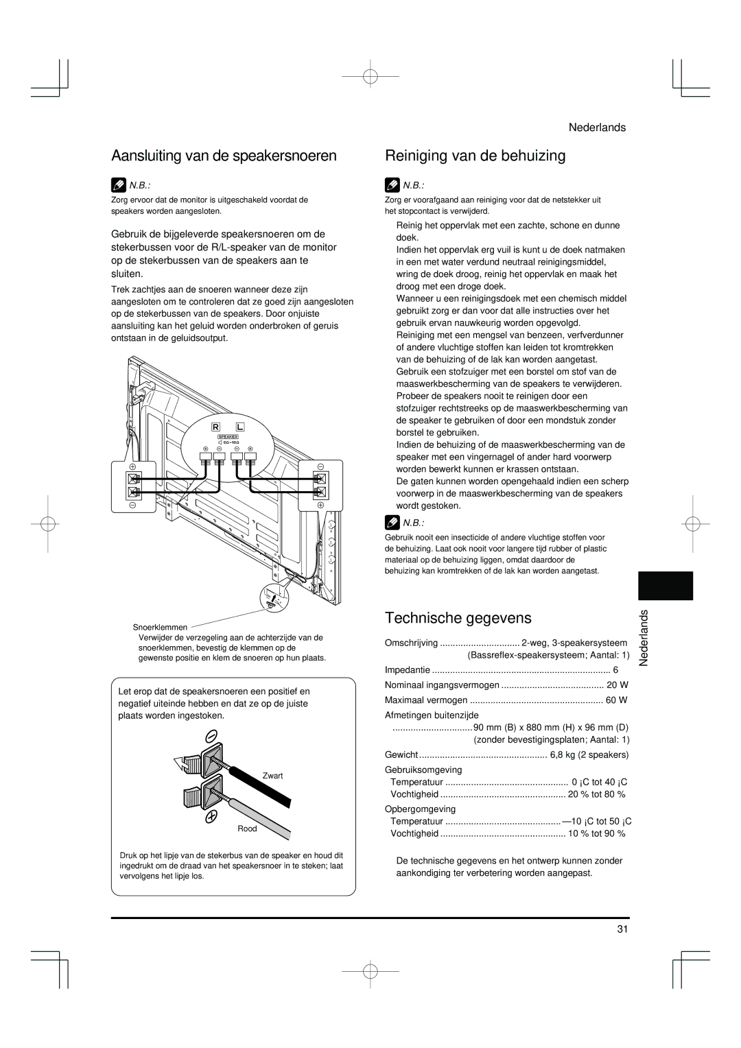 Pioneer PDP-S55-LR manual Aansluiting van de speakersnoeren, Reiniging van de behuizing, Technische gegevens 