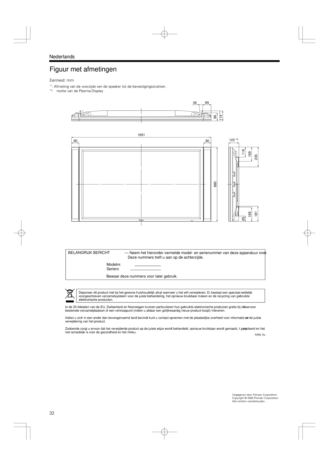 Pioneer PDP-S55-LR manual Figuur met afmetingen, Eenheid mm 