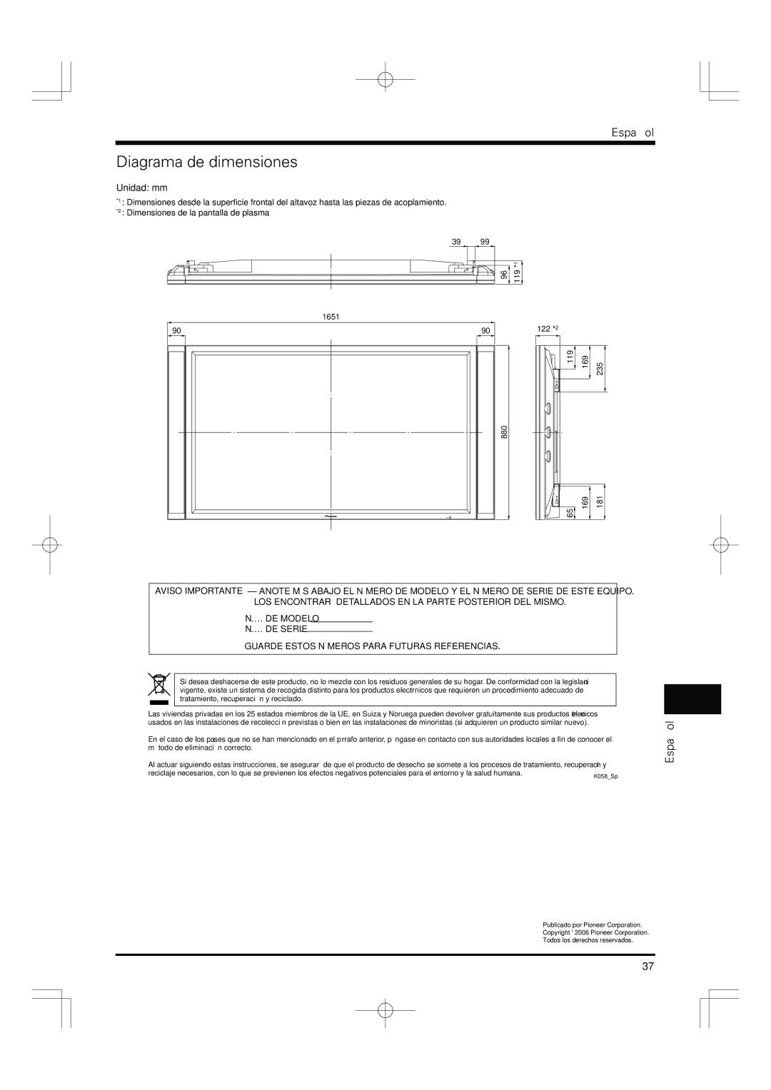 Pioneer PDP-S55-LR manual Diagrama de dimensiones, Unidad mm 