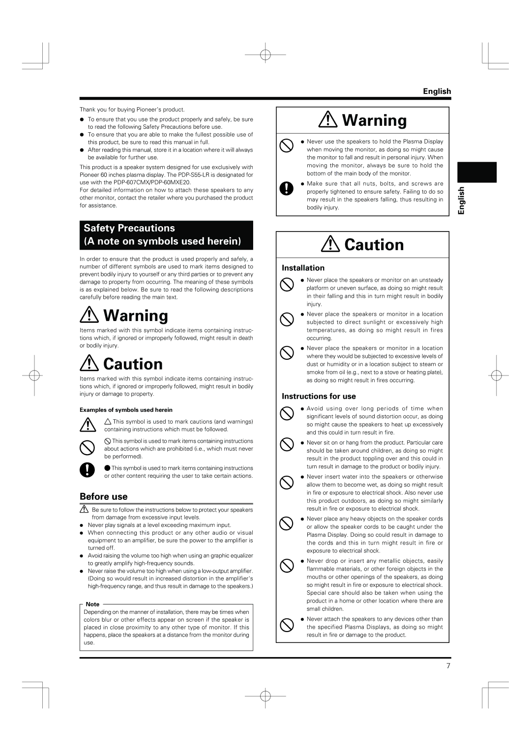 Pioneer PDP-S55-LR manual Before use, English, Installation, Instructions for use, Examples of symbols used herein 