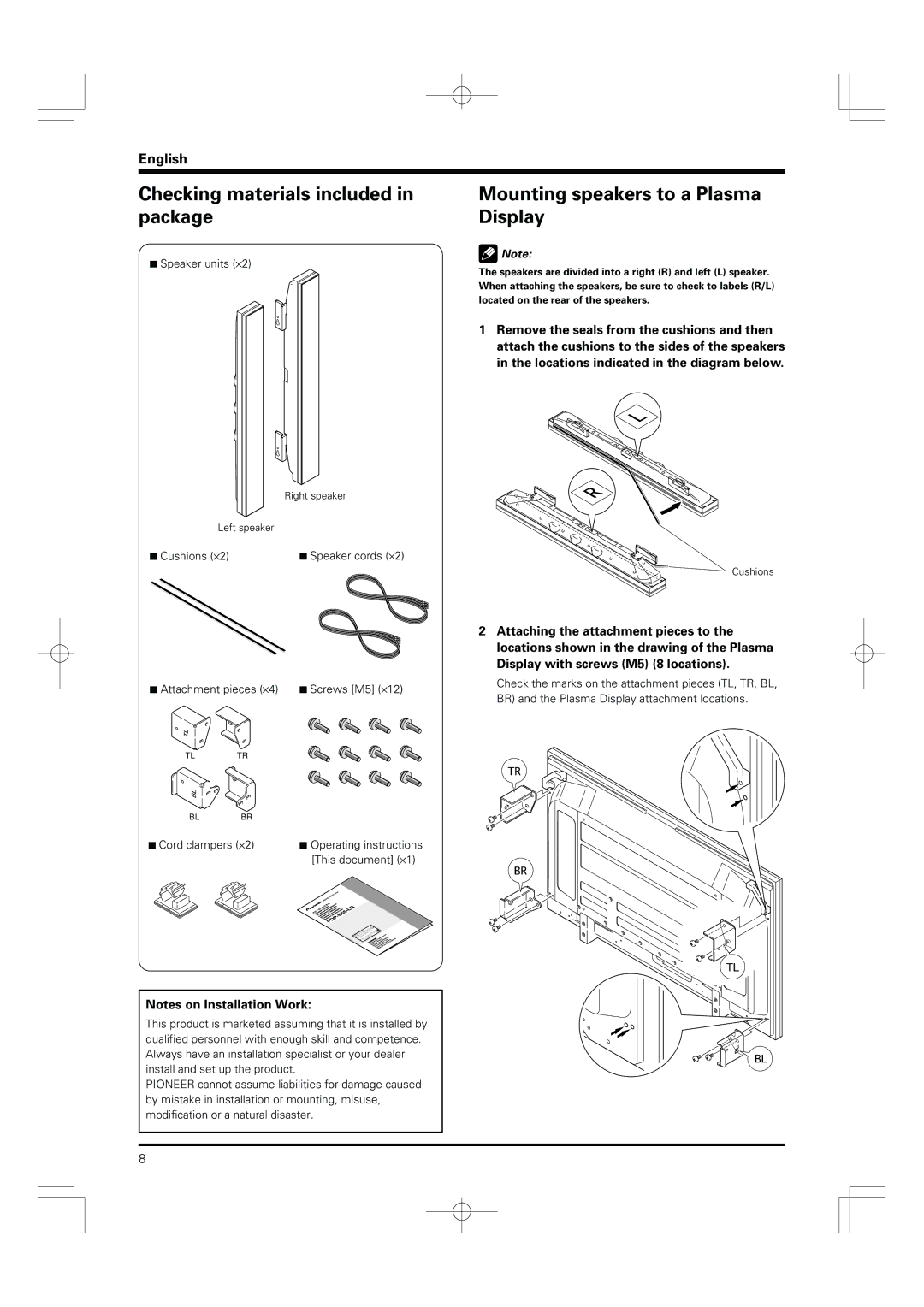 Pioneer PDP-S55-LR manual Checking materials included in package, Mounting speakers to a Plasma Display, Speaker units ⋅2 