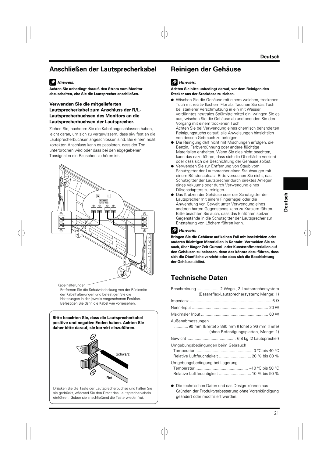 Pioneer PDP-S55-LR manual Anschließen der Lautsprecherkabel, Reinigen der Gehäuse, Technische Daten, Deutsch, Hinweis 
