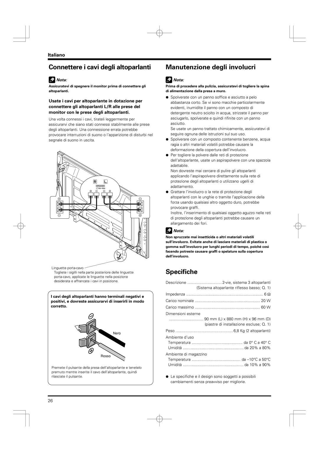 Pioneer PDP-S55-LR manual Connettere i cavi degli altoparlanti, Manutenzione degli involucri, Specifiche, Italiano, Nota 