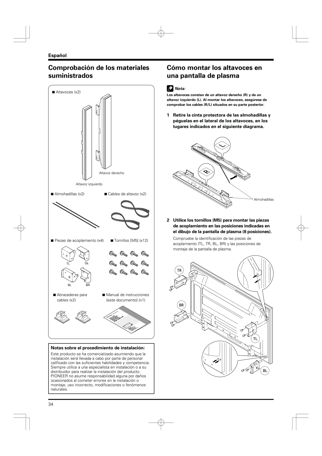 Pioneer PDP-S55-LR Comprobación de los materiales suministrados, Español, Notas sobre el procedimiento de instalación 