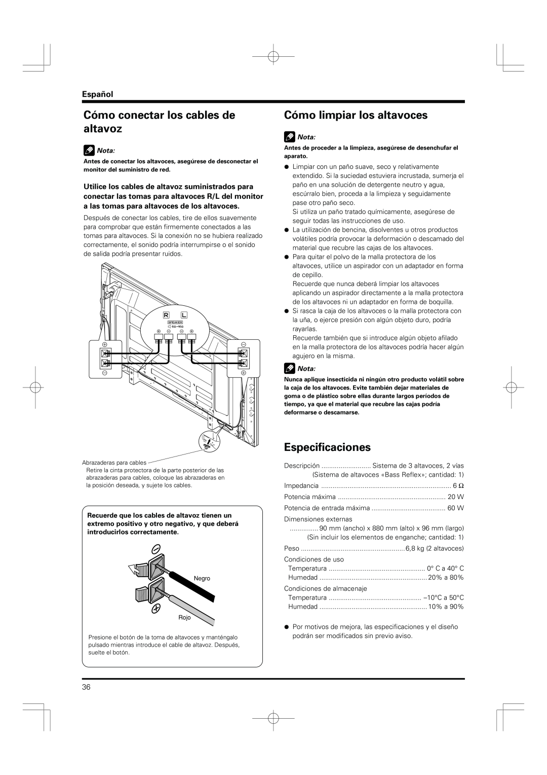 Pioneer PDP-S55-LR manual Cómo conectar los cables de altavoz, Cómo limpiar los altavoces, Especificaciones, Español, Nota 