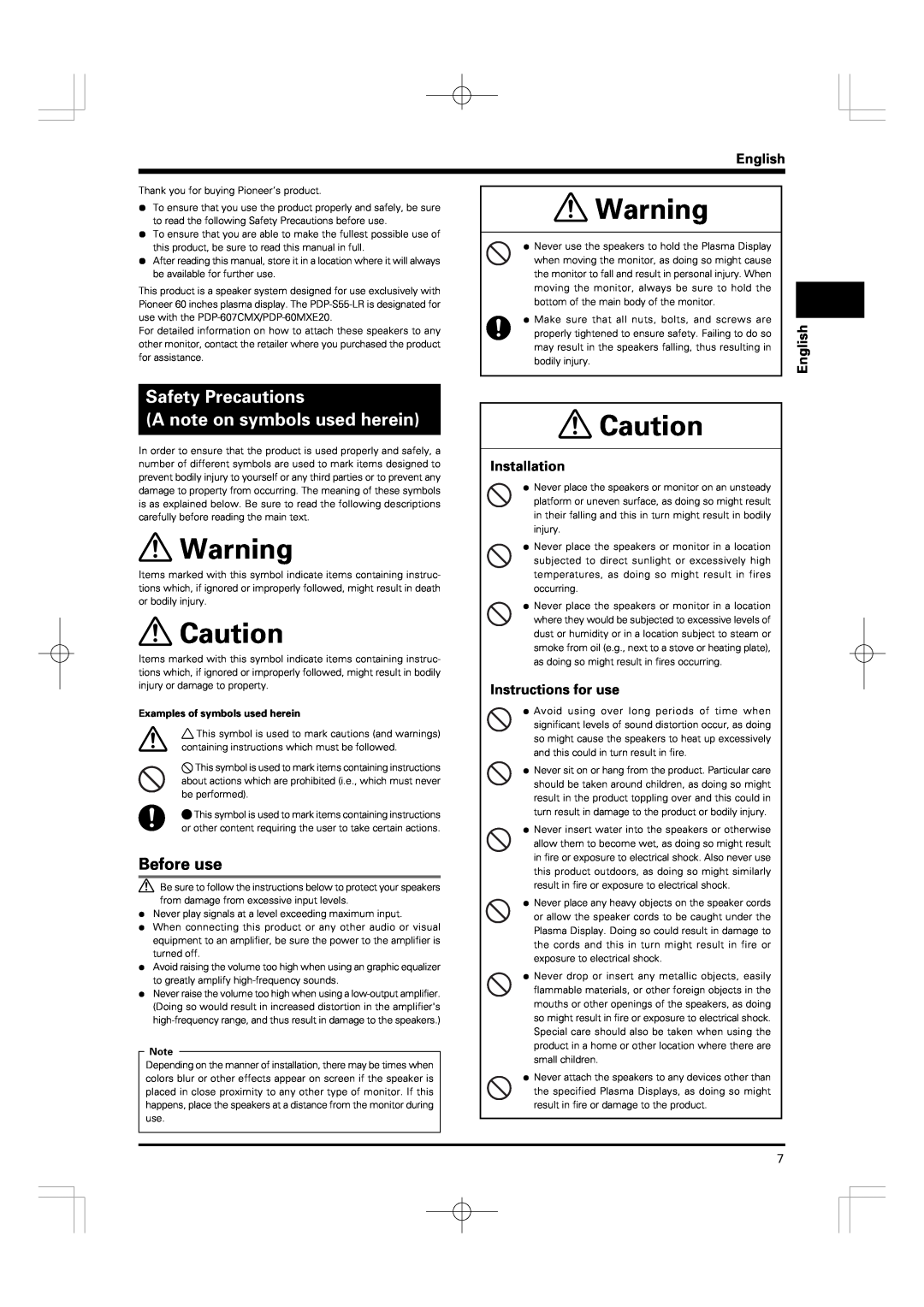 Pioneer PDP-S55-LR manual Safety Precautions A note on symbols used herein, Before use, English, Installation 