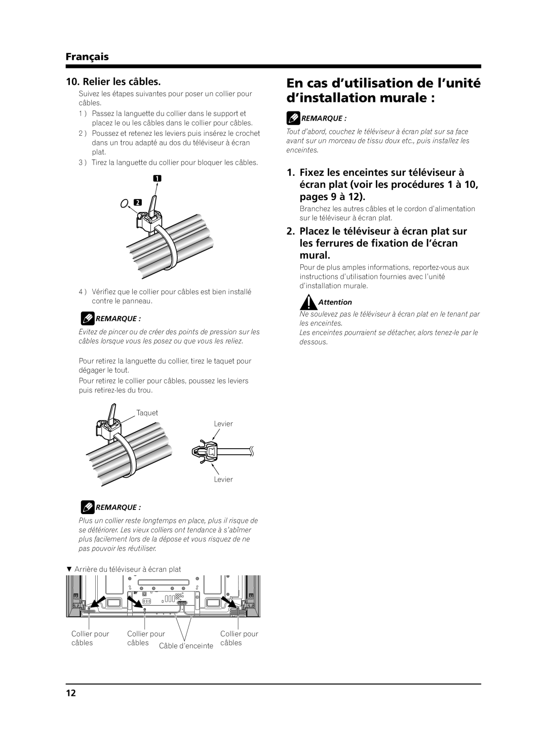 Pioneer PDP-S62 manual En cas d’utilisation de l’unité, ’installation murale 