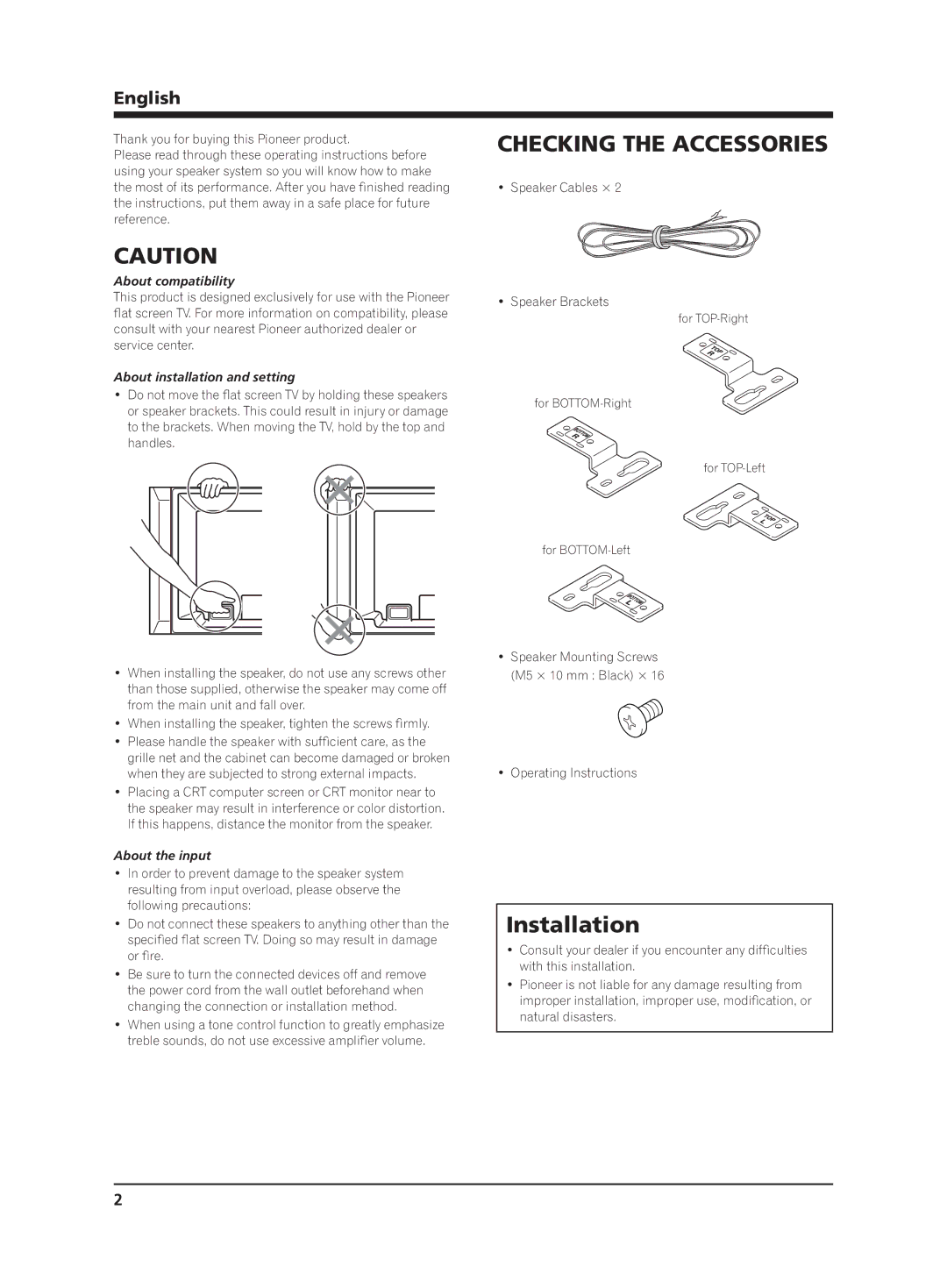 Pioneer PDP-S62 manual Checking the Accessories, Installation, English 