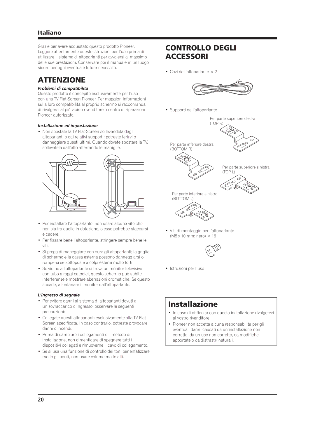 Pioneer PDP-S62 manual Attenzione, Controllo Degli Accessori, Installazione, Italiano 