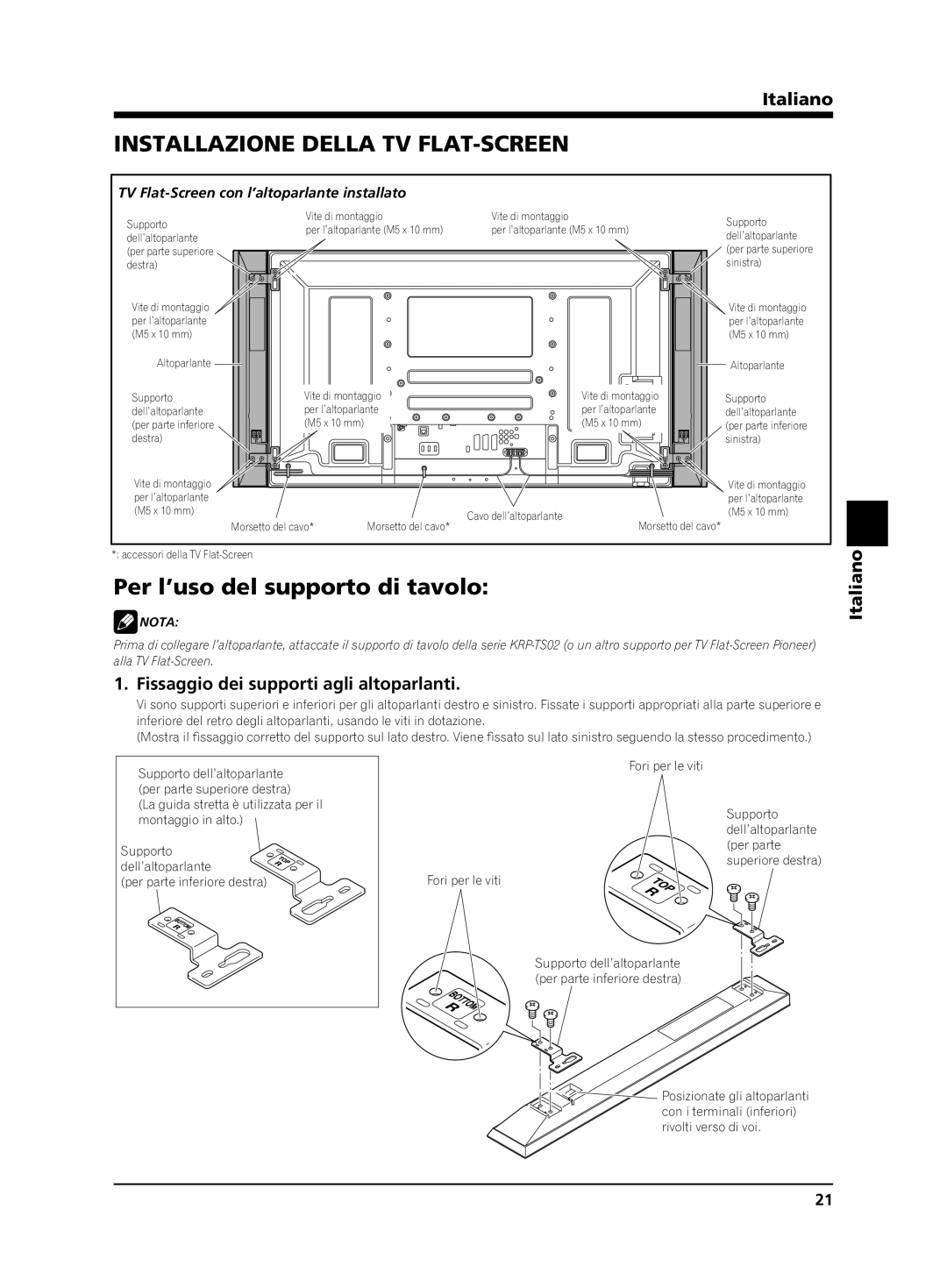 Pioneer PDP-S62 manual Installazione Della TV FLAT-SCREEN, Per l’uso del supporto di tavolo 