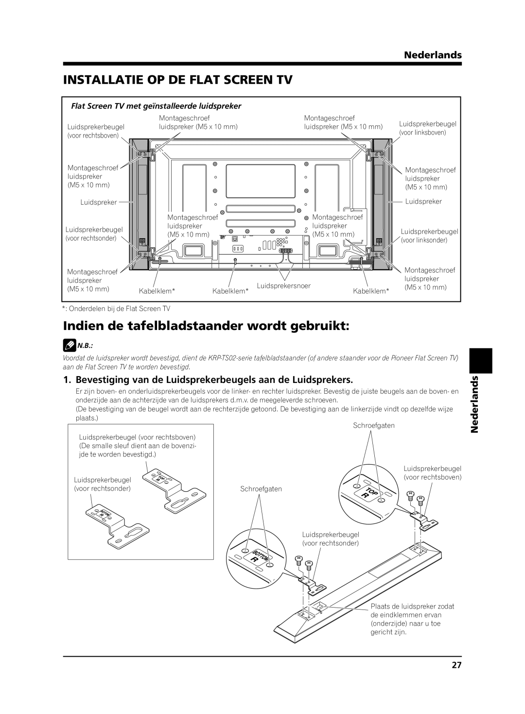 Pioneer PDP-S62 manual Installatie OP DE Flat Screen TV, Indien de tafelbladstaander wordt gebruikt, Plaats 