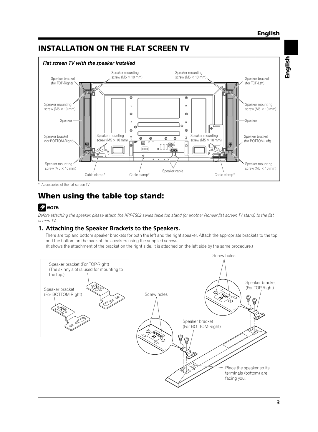 Pioneer PDP-S62 manual Installation on the Flat Screen TV, When using the table top stand 