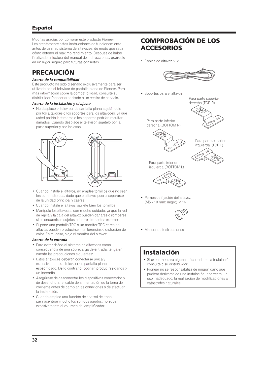 Pioneer PDP-S62 manual Precaución, Comprobación DE LOS Accesorios, Instalación, Español 