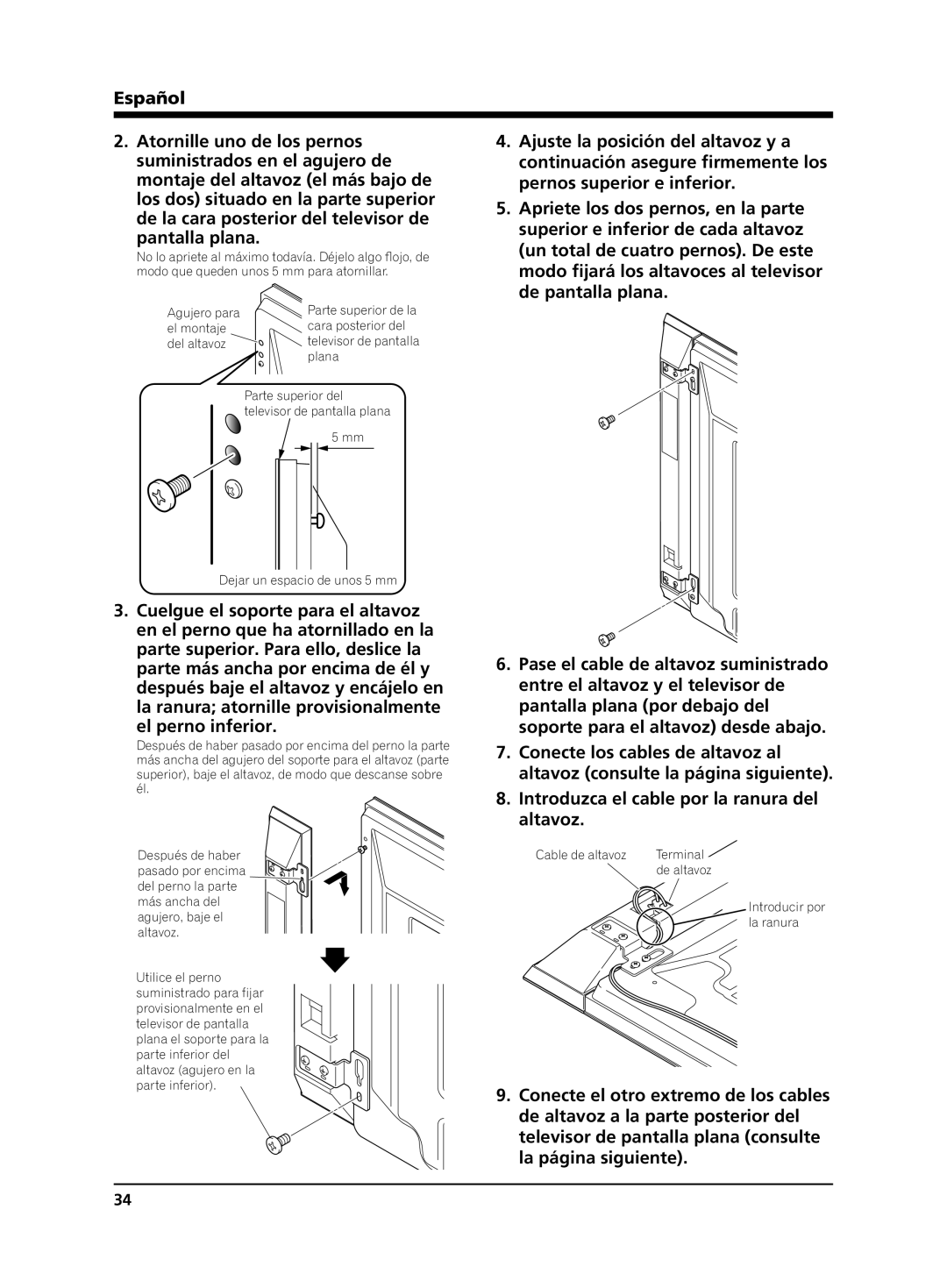 Pioneer PDP-S62 manual Pantalla plana, El perno inferior 